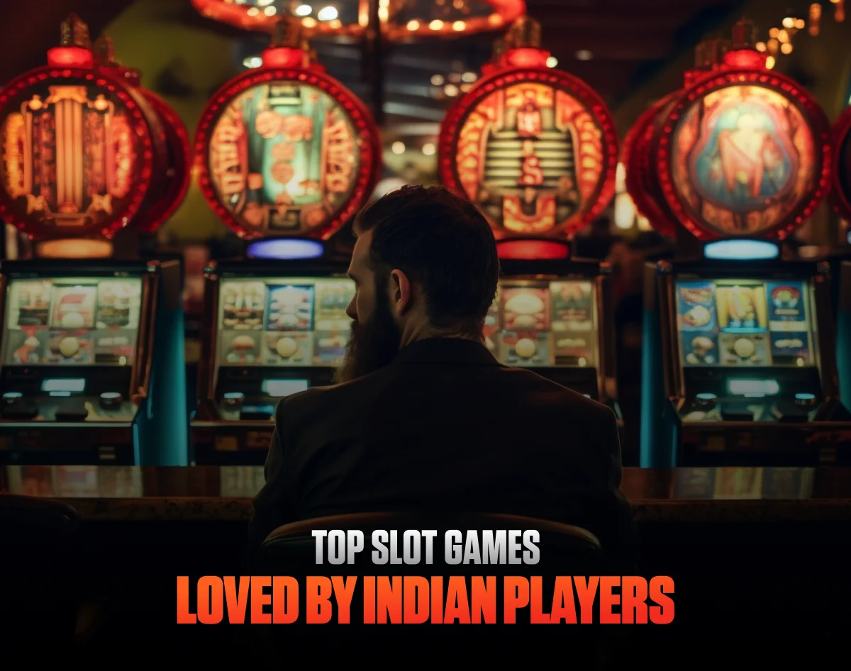 The image features a person sitting at a casino slot machine, with several illuminated machines in the background.